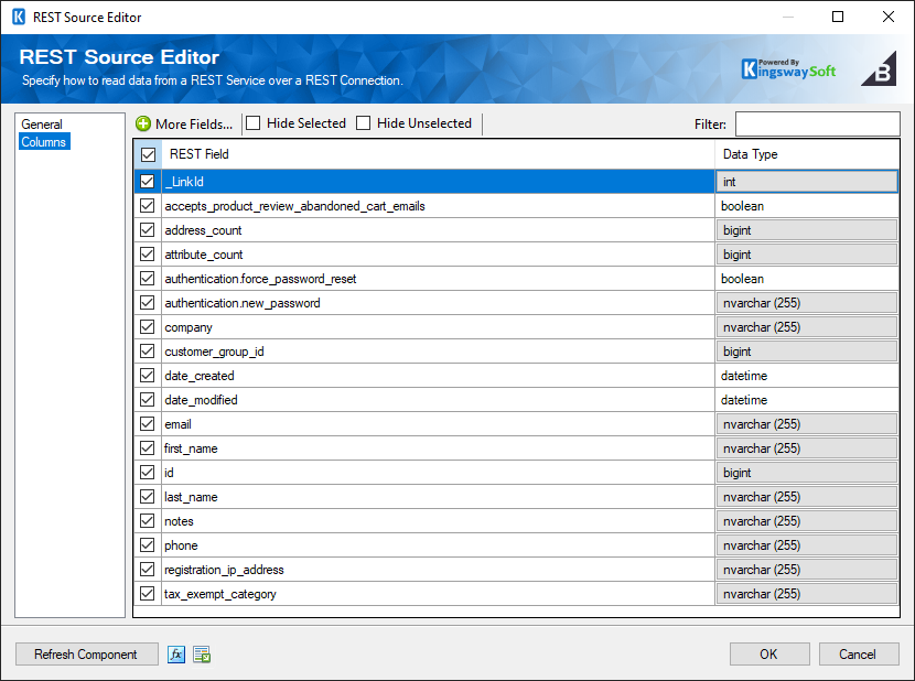 SSIS BigCommerce REST Source - Columns